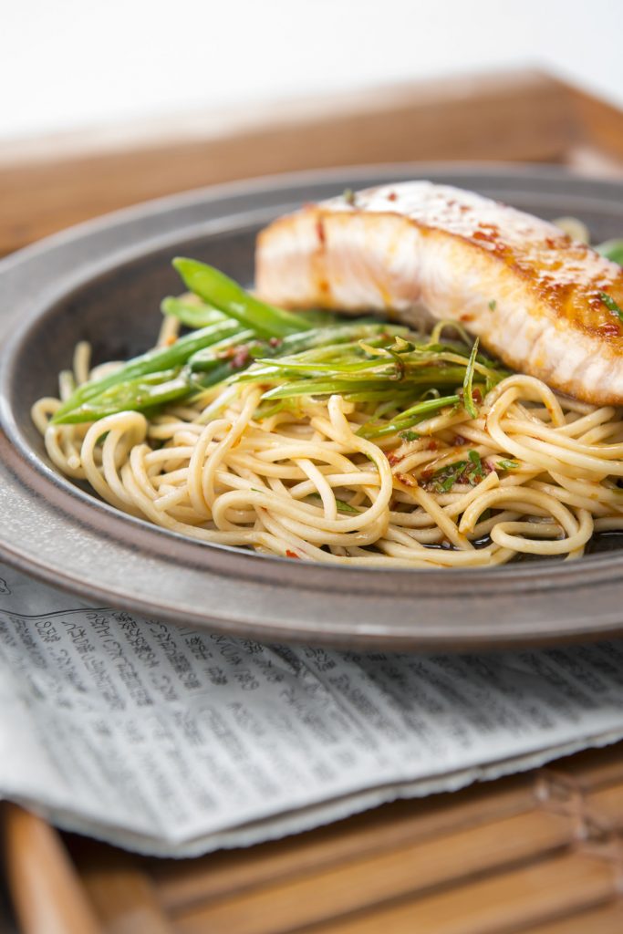 Pan grilled Salmon with Ramen noodles, ginger & lime