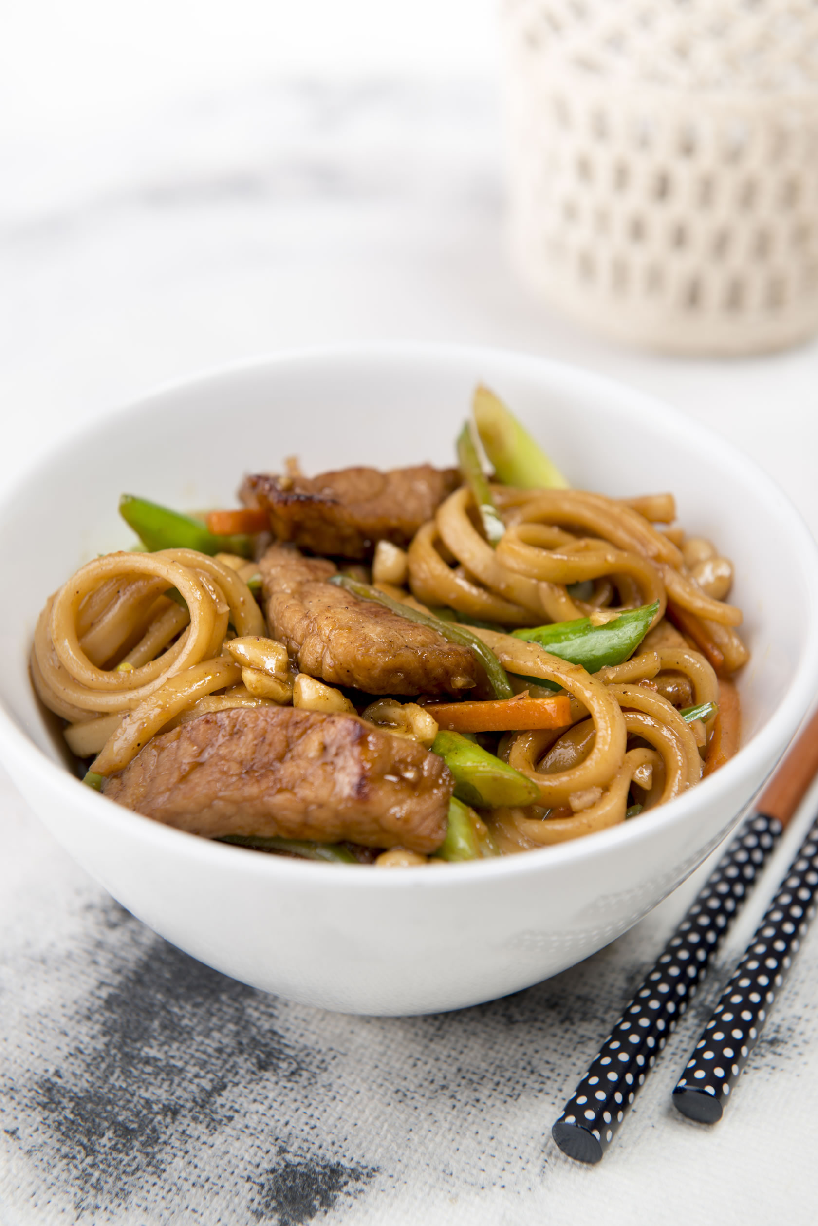 Sticky Pork and Vegetable Stir-fry with Udon Noodles