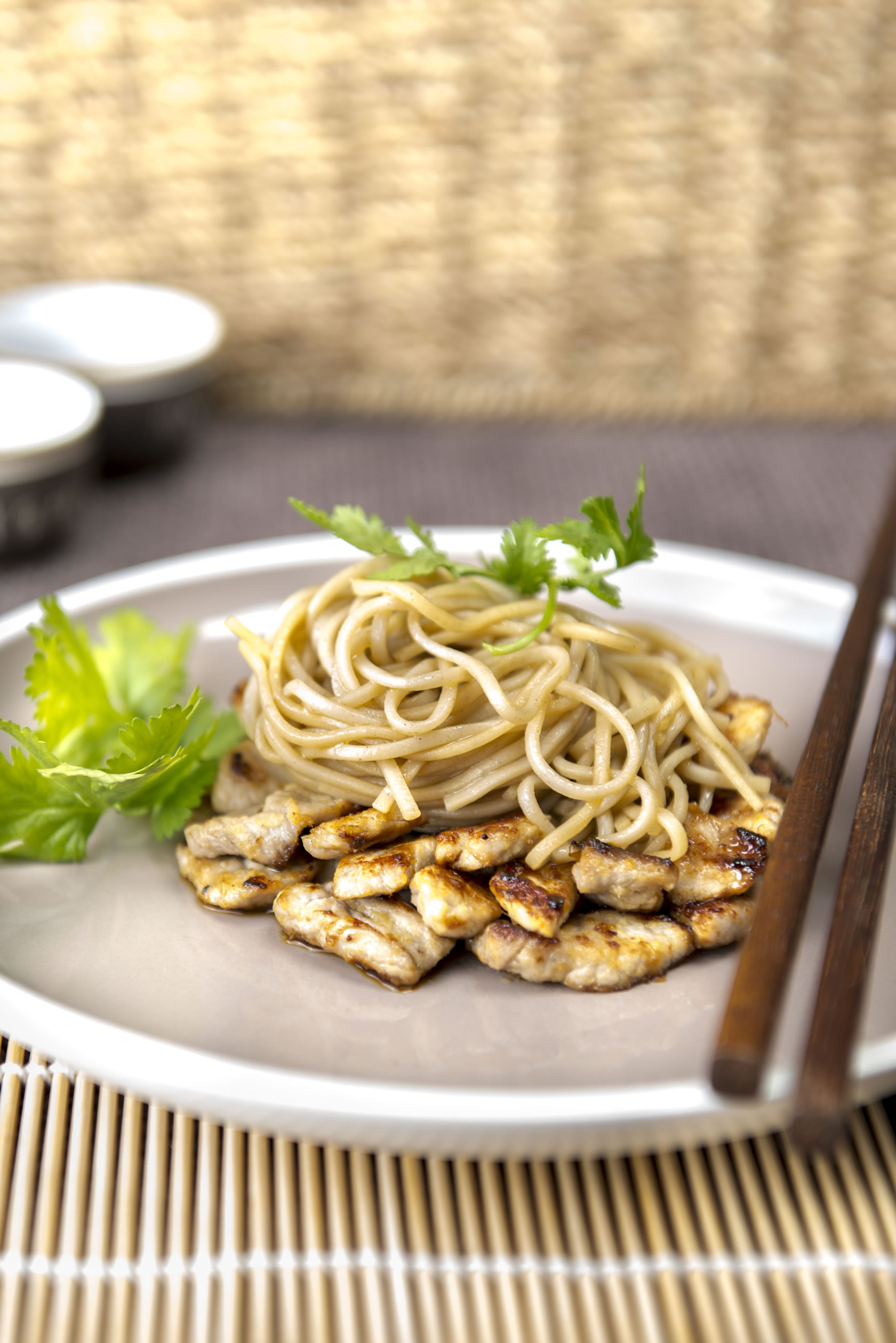 Cold pork slices with Soba noodles and garlic sauce Hakubaku The