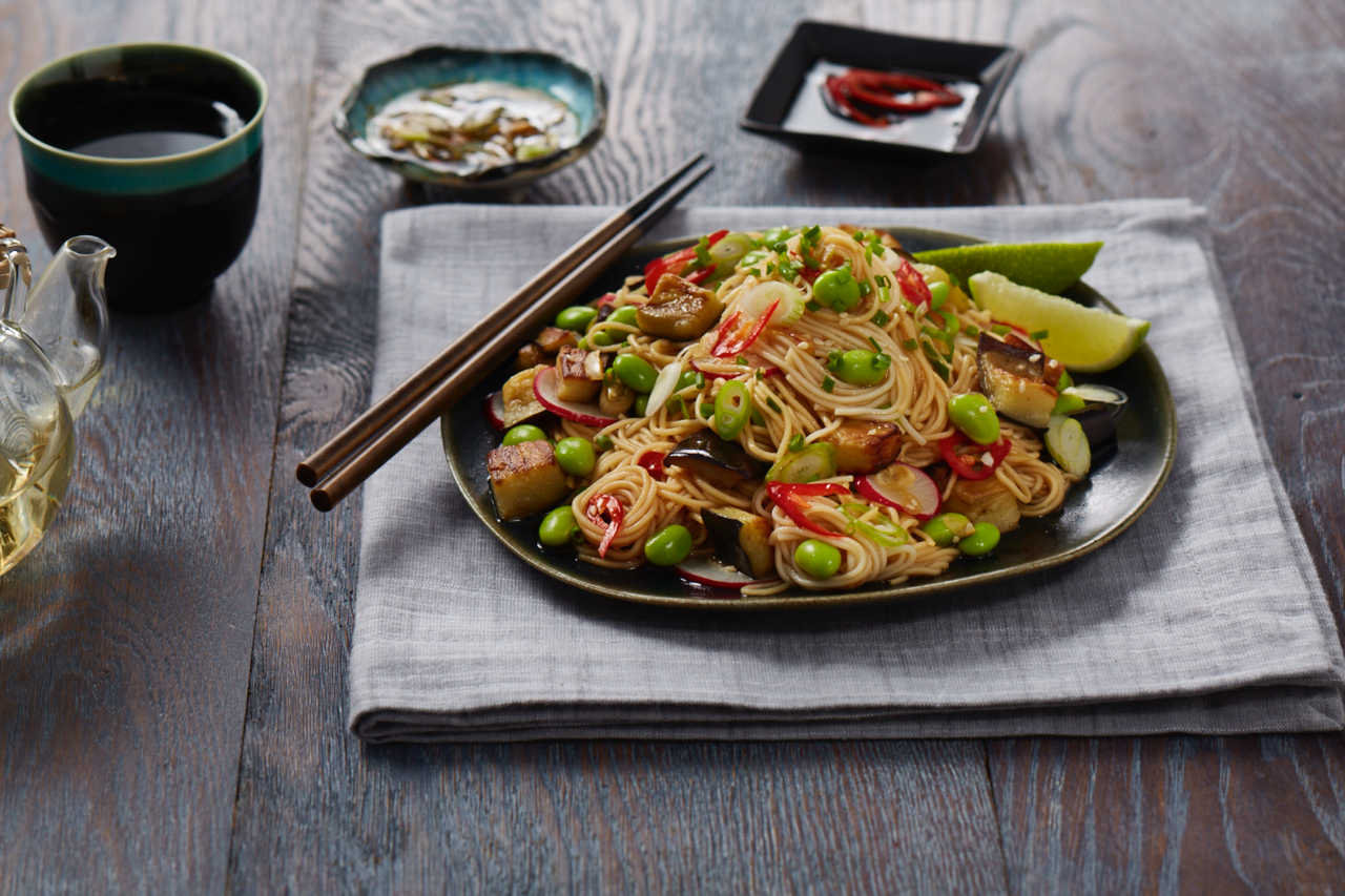 Somen Salad with roasted eggplant and edamame - Hakubaku - The ...