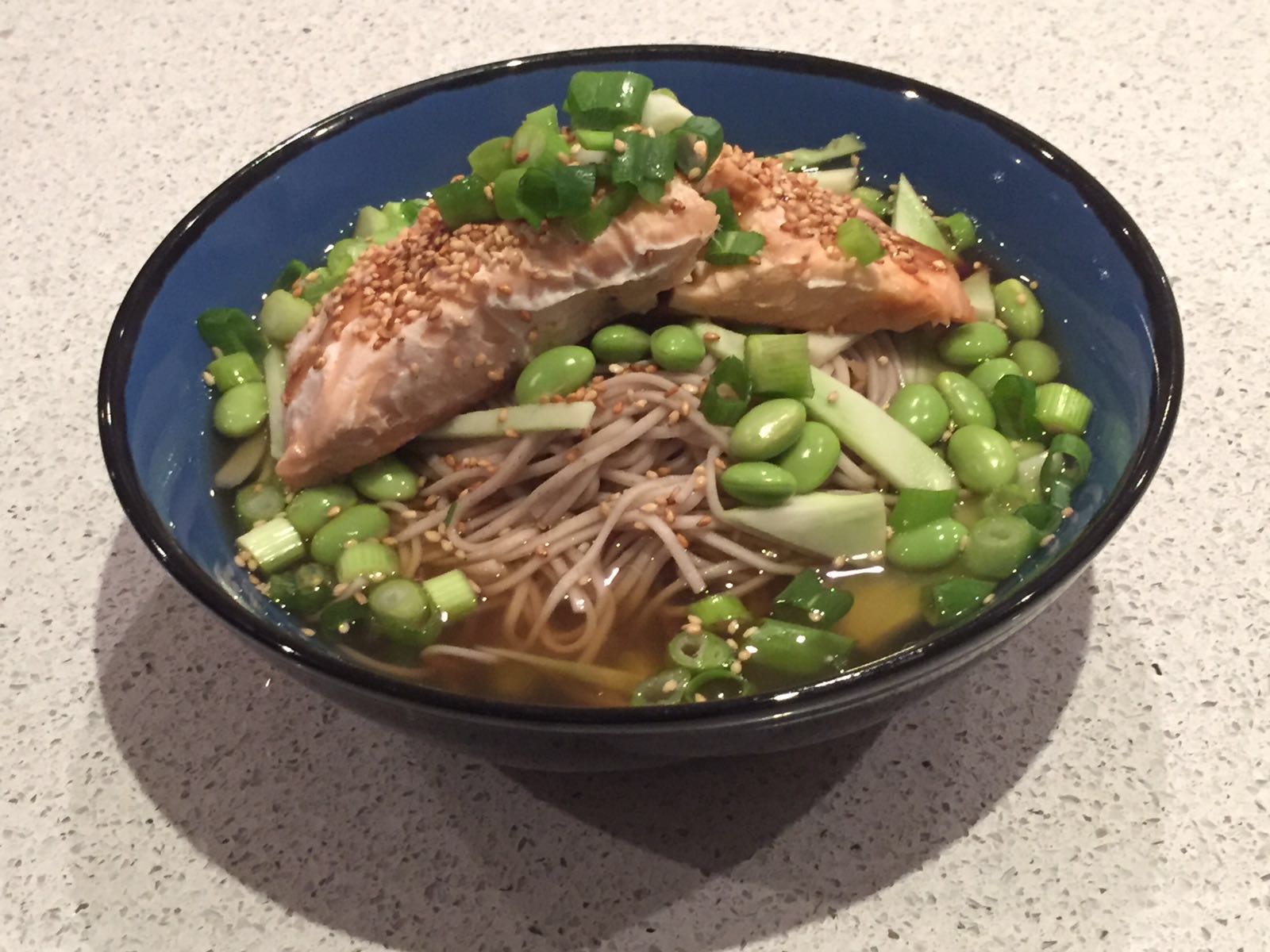 Salmon, edamame, soba with Japanese broth Hakubaku The Kokumotsu Company