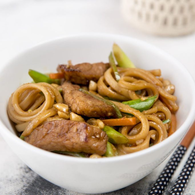 Sticky Pork and Vegetable Stir-fry with Udon Noodles