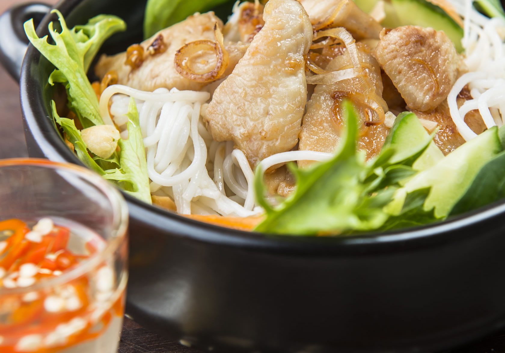 Lemon Grass Chicken Salad with Chilli Dipping Sauce and Somen Noodles