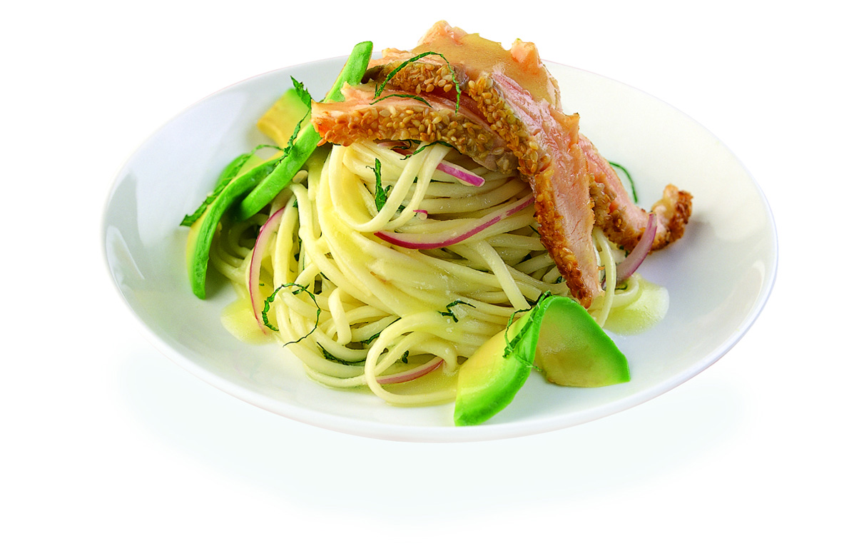 Udon Noodle Salad with Avocado & Sesame Seed Crusted Salmon Hakubaku